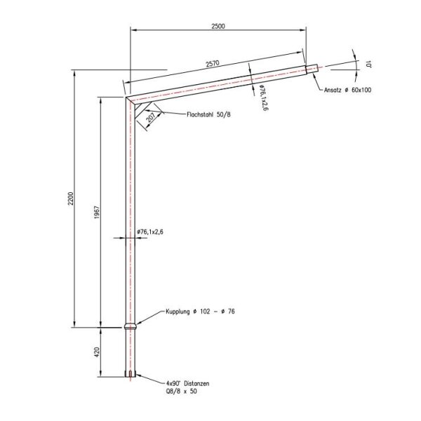 Mastausleger für JOS-90-V ,einarmig für Zopfmaß 102, Ausladung 1500mm, verzinkt gem. EN ISO 1461